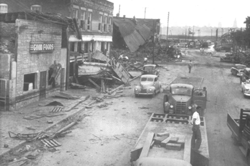Flood damage at Kansas Avenue and 
       Berger, July 26, 1951 (Kansas State Historical Society copy and reuse restrictions 
       apply).