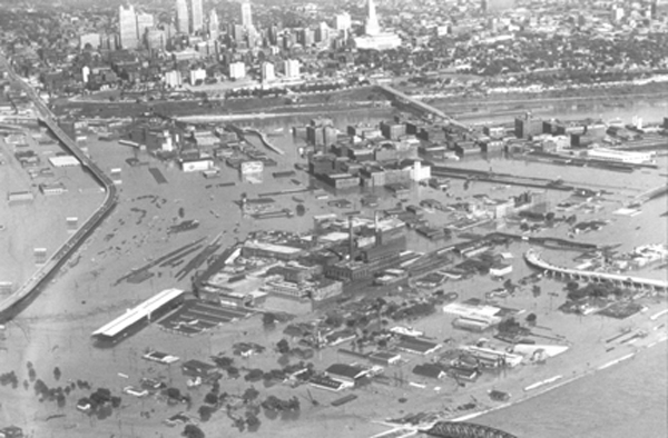 Aerial view of the Kansas City 
       flood, downtown Kansas City, Missouri, in background (Kansas State Historical Society 
       copy and reuse restrictions apply).