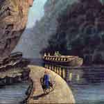 Detail image of 19th century canal boat pulled along a canal by a mule led by its driver.