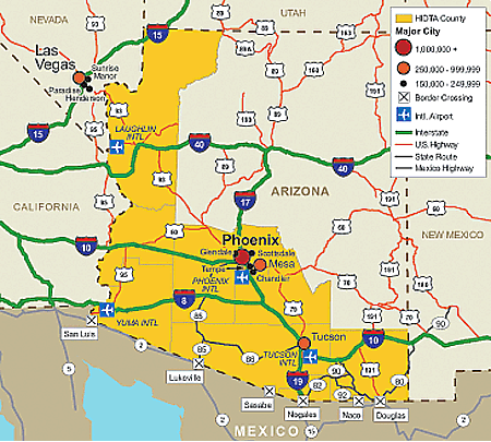 Map showing the Arizona HIDTA transportation infrastructure.