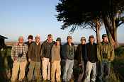 Island loggerhead shrike surveyors, from left: Jimmy McMorran (PRBO), Allison Alvarado (UCLA), Robert McMorran (FWS), Douglass Cooper (FWS), Rachel Wolstenholme (TNC), Kirk Waln (FWS), Ashleigh Blackford (FWS), Nils Warnock (PRBO), Jeff Birek (IWS)- Christy's Ranch Santa Cruz Island (USFWS photo)