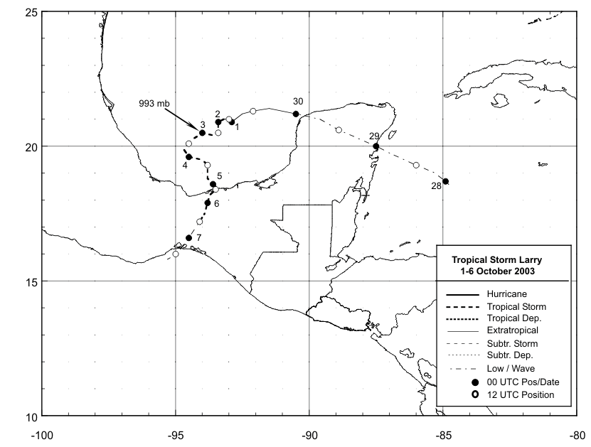 Best track positions for Tropical Storm Larry