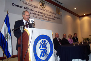 Photo of USAID  Mission Director Mark Silverman addresses the public during the inauguration of  the conference “Mediation Development in El    Salvador,” on June 22, 2005, in San    Salvador.