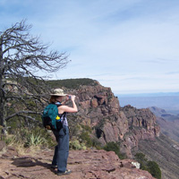A visitor stands on the South Rim