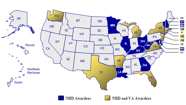 The States of Minnesota, Illinois, Kentucky, Louisiana, Georgia, Ohio, West Virginia, Maryland, Vermont, and New Hampshire are in blue to indicate that they have received a Nursing Home Diversion grant from the U.S. Administration on Aging.  The States of Washington, Texas, Arkansas, Michigan, Florida, Virginia, New York, Connecticut, Rhode Island, and New Jersey are in yellow to indicate that they have received a Nursing Home Diversion grant from the U.S. Administration on Aging and are also participating in the Veterans Directed Home and Community Based Services program.
