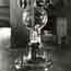 Black and white photo taken in 1929 of a replica of Thomas Edison's first working lightbulb.