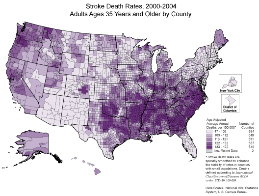 Stroke Death Rates for 2000 through 2004 of Adults Aged 35 Years and Older by County. The map shows that concentrations of counties with the highest stroke rates - meaning the top quartile - are located along the southeast coastal plains, inland through the southern regions of Georgia and Alabama, and up the Mississippi River Valley.