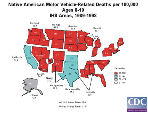 Map depicting Native American Motor Vehicle-Related Deaths per 100,000, ages 0-19, IHS areas, 1989-1998