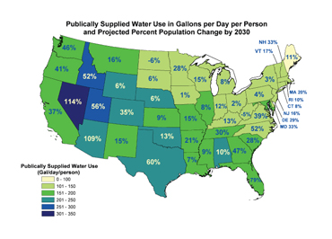 Map of U.S. showing domestic water use and projected percent population change by 2030 by state. For additional information, contact Virginia Lee at (202) 564-0671.