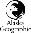 Black and white graphic of a polar bear and raven artistically shaped like a yin-yang circle.