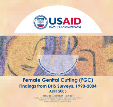 Image of the CD-ROM entitled 'Female Genital Cutting (FGC): Findings from DHS Surveys, 1990-2004.' Produced April 2005. In the middle of the image is an illustration of two women, with the USAID: From The American People logo above it. The CD was produced by ORC Macro, www.measuredhs.com.