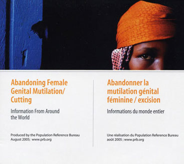 Image of the CD-ROM entitled 'Abandoning Female Genital Mutilation/Cutting: Information From Around the World.' Produced by the Population Reference Bureau August 2005; www.prb.org. Atop the image is a photo of a woman.