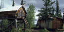 Two rustic cabins surrounded by trees. The large one sits on the ground and the small one sits on stilts to protect stored food from animals