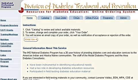 Screenshot of Resources for Diabetes Education: Online Ordering System Website