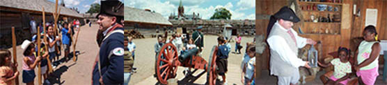 It is learning and fun time, 3 scenes of children interacting with a soldier or a ranger around red cannons, wooden rooms, and with wooden muskets. All have smiles on their faces.