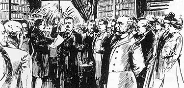 1901 illustration of Theodore Roosevelt taking the oath of office in Buffalo, NY.