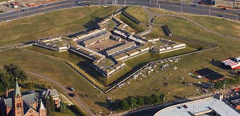 an over head view of the fort in mid-summer during setup for Honor America Days, one of the biggest events of the year.