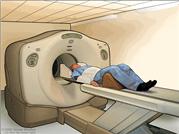 PET (positron emission tomography) scan; drawing shows patient lying on table that slides through the PET machine.