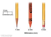 Millimeters; drawing shows millimeters (mm) using everyday objects. A sharp pencil point shows 1 mm, a new crayon point shows 2 mm, and a new pencil-top eraser shows 5 mm.