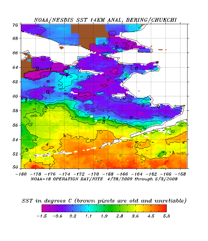Sea surface temperature at 14km analysis of the Bering and Chukchi Seas
