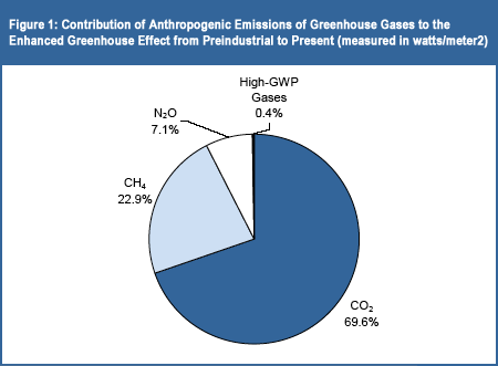Figure 1: Contribution of anthropogenic emissions of
greenhouse gases to the enhanced greenhouse effect from preindustrial to present (measured in watts/meter2).  
Contributions are: Carbon Dioxide 69.6%, Methane 22.9%, Nitrous Oxide 7.1% and High-GWP Gasses 0.4%