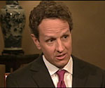 Treasury Secretary Timothy Geithner speaks to Judy Woodruff