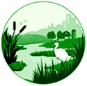 Logo - bird standing by waterbody, farm and city outline in background 