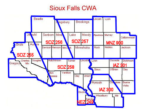 Map showing Fire Weather Zone numbers for the NWS Sioux Falls forecast area
