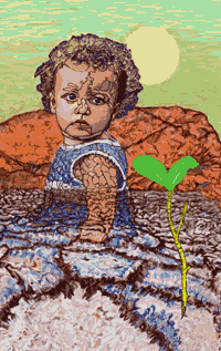 Composición digital de niña y lecho seco de un arroyo, con planta germinando al frente.