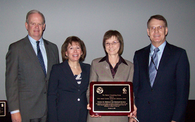 From left to right:
Clay Johnson, Deputy Director for Management, Office of Management and Budget; Anne Kelly, Director, Federal Consulting Group, US Dept of the Interior; Jo Armstrong, Associate Commissioner, Office of Electronic Services, Social Security Administration; Ron Oberbillig, COO, Federal Consulting Group, US Dept of the Interior.