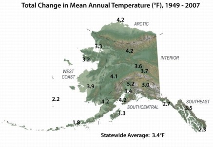 Total Change in Mean Annual Temperature (F), 1949-2007.  Credit: Alaska Climate Research Center