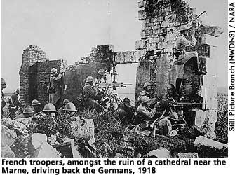 [picture: French troopers driving back Germans, near Marne, 1918]  