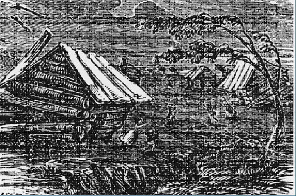Drawing of the 19th century woodcut depicts damage from the 1811 earthquake near New Madrid, Missouri.
