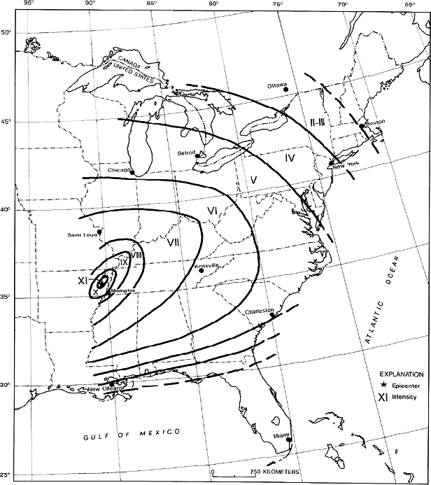 Isoseismic map for the earthquake of December 16,1811, 08:15 UTC