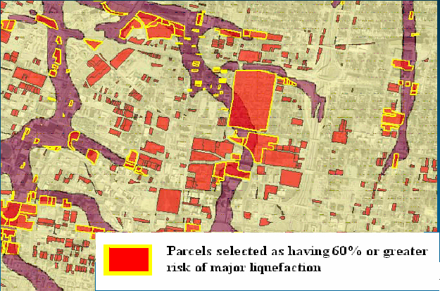 image of a GIS parcel map showing 60% or greater risk of major liquefaction