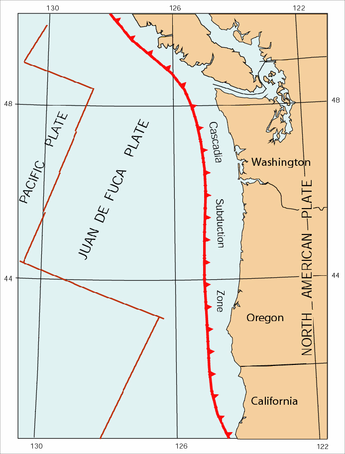 map showing a Cascadia subduction zone where an earthquake could create tsunani waves along the U.S. and Canada 