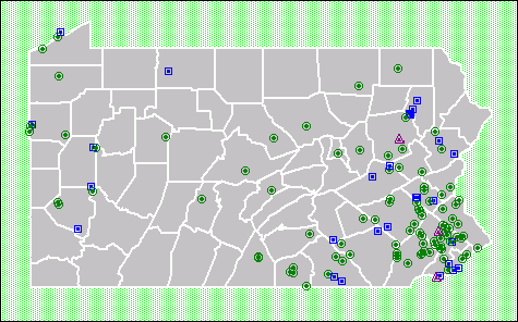 map of Pennsylvania with proposed, final, and deleted NPL sites