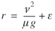 lowercase r is equal to lowercase v superscript{2} over lowercase mu lowercase g plus lowercase epsilon