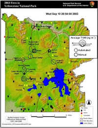 Map showing locations of atmospheric mercury monitoring stations and the relative concentration of mercury in air in Yellowstone National Park, WY