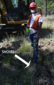 Photograph: Shovel insterted into the ground. Happy demonstrating how decompacted the soil is.