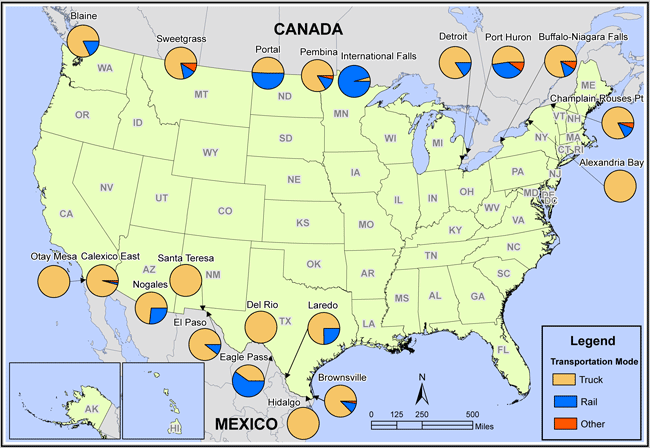 Figure 6 - Share of U.S. - NAFTA Trade Value for Land Modes by Gateway, 2007. If you are a user with disability and cannot view this image, use the table version. If you need further assistance, call 800-853-1351.