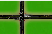 Traffic simulation software showing a signalized intersection.
