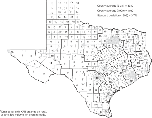 Figure 7 - Proportion of KAB Crashes that Occurred Under Wet Pavement Conditions for Each County: 1999. If you are a user with disability and cannot view this image, use the table version. If you need further assistance, please call 800-853-1351 or email answers@bts.gov.