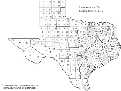 Figure 6 - Proportion of KAB Crashes that Occured on Sharp Horizontal Curves in Each County. If you are a user with disability and cannot view this image, use the table version. If you need further assistance, please call 800-853-1351 or email answers@bts.gov.