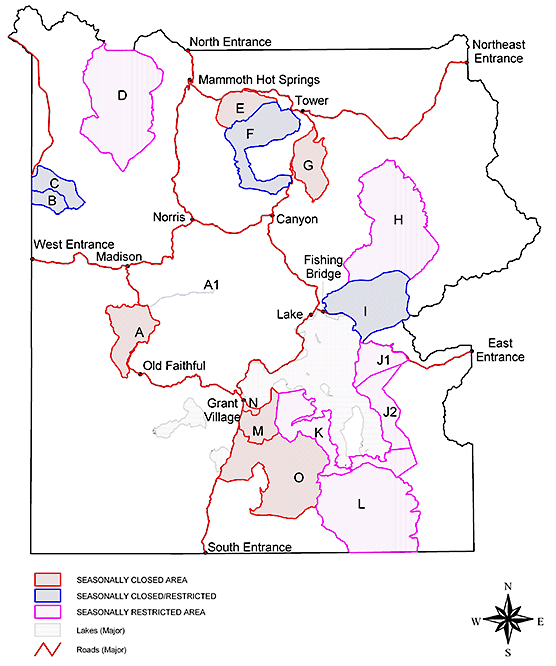 Map showing areas of the park that are closed or are restricted for bear management purposes.