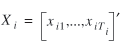 uppercase x subscript {lowercase i} = [lowercase x subscript {lowercase i 1}, ..., lowercase x subscript {lowercase i uppercase t subscript {lowercase i}}] prime