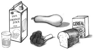 Drawing of a half-filled glass and a carton of orange juice next to various high-fiber foods. A spear of broccoli, a pear, a loaf of bread, and a box of cereal are shown.
