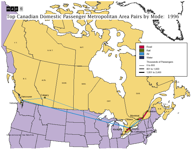 Map 6 - Top Canadian Domestic Passenger Metropolitan Area Pairs by Mode: 1996. If you are a user with a disability and cannot view this image, please call 800-853-1351 or email answers@bts.gov for further assistance.