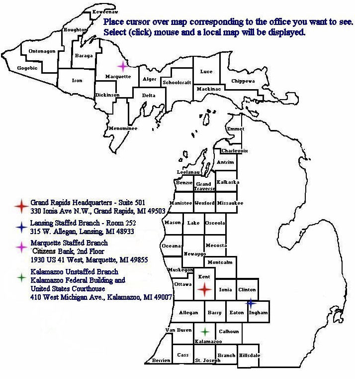 Graphical Map of the Western District of Michigan showing the names and locations of the counties and staffed and unstaffed offices