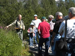 Forest Service Naturalist talking about native plants to a group of people in Portage Valley, Alaska.